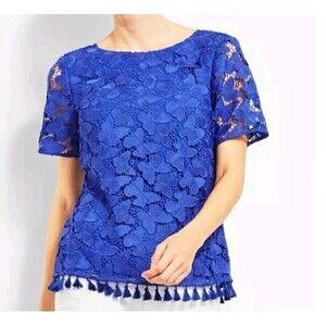Talbots Women's Tassels Hem Butterfly Lace Top Blouse Side 16p Royal Blue